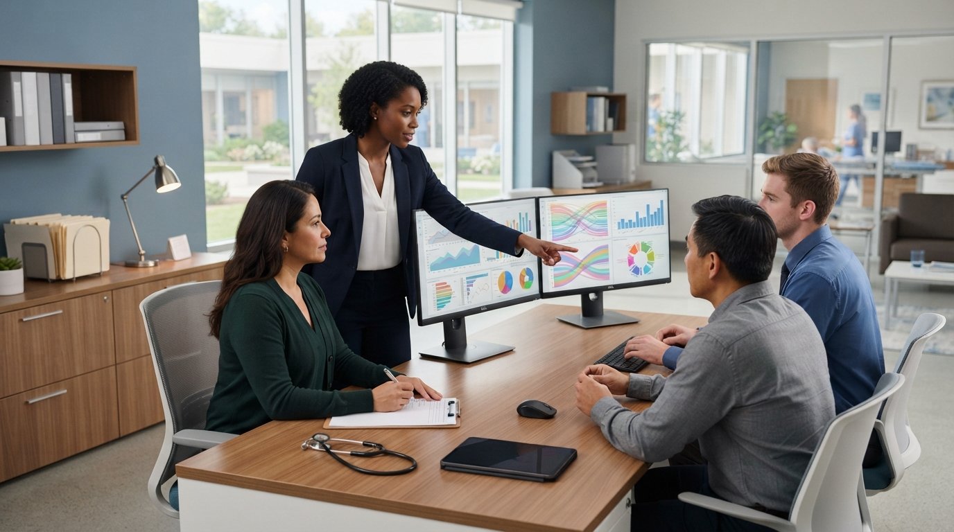 Diverse healthcare administration team reviewing patient records and data charts on dual monitors in a bright hospital office