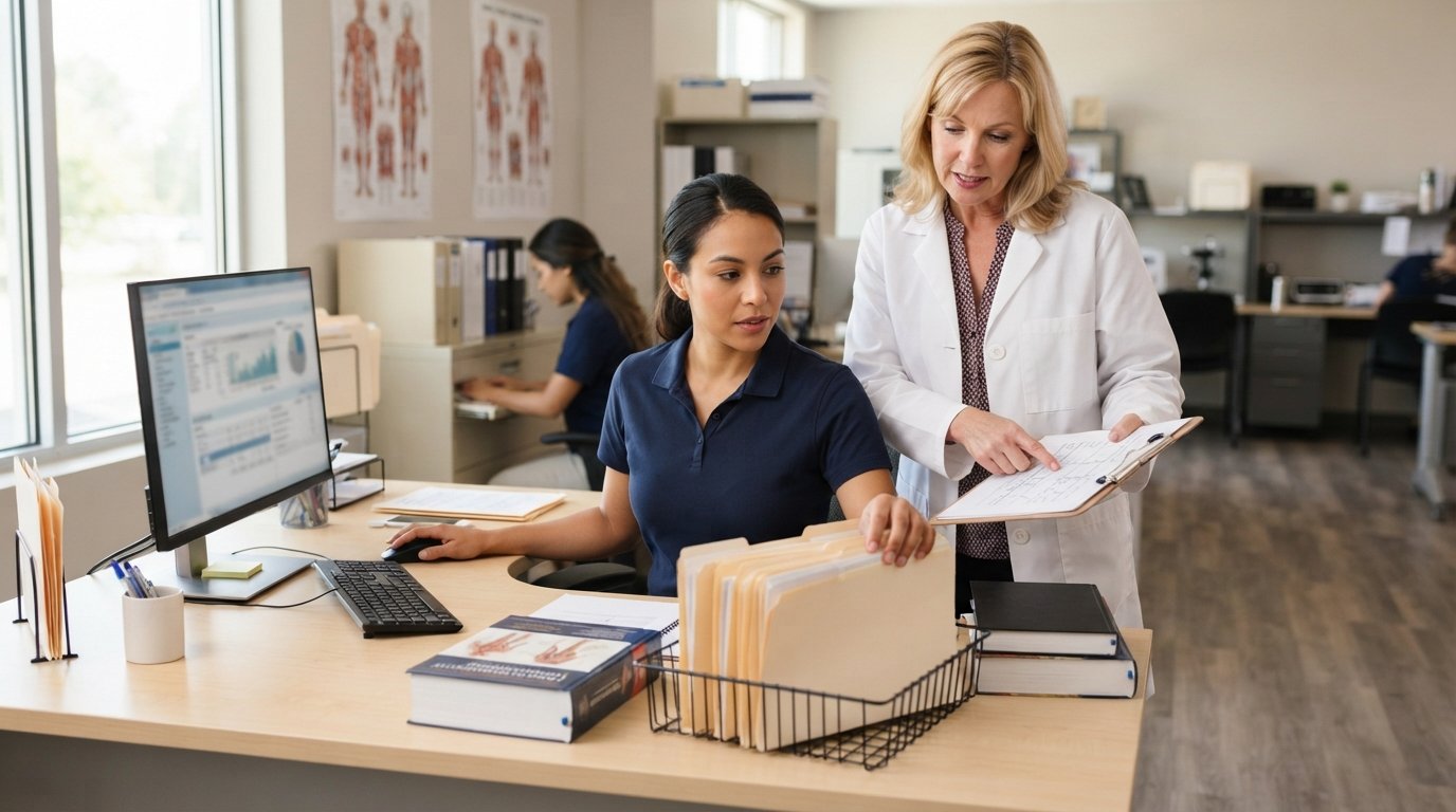 Adult student in navy polo reviewing patient charts on a computer beside a filing tray of manila folders while an…