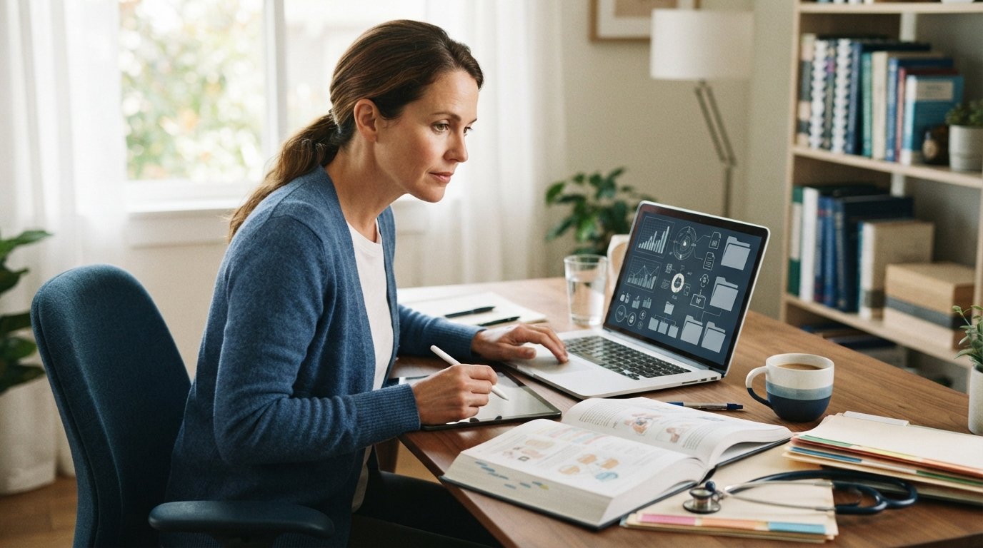 Adult learner at a home desk using a laptop with abstract charts and folders, beside a medical textbook, file folders,…