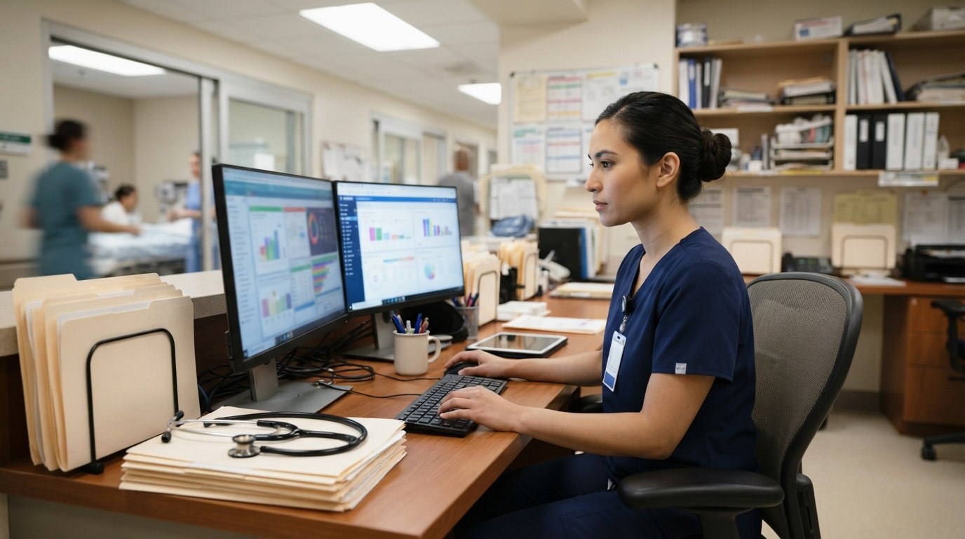 Health information technician in navy scrubs reviews electronic health records on dual monitors at a hospital desk with…