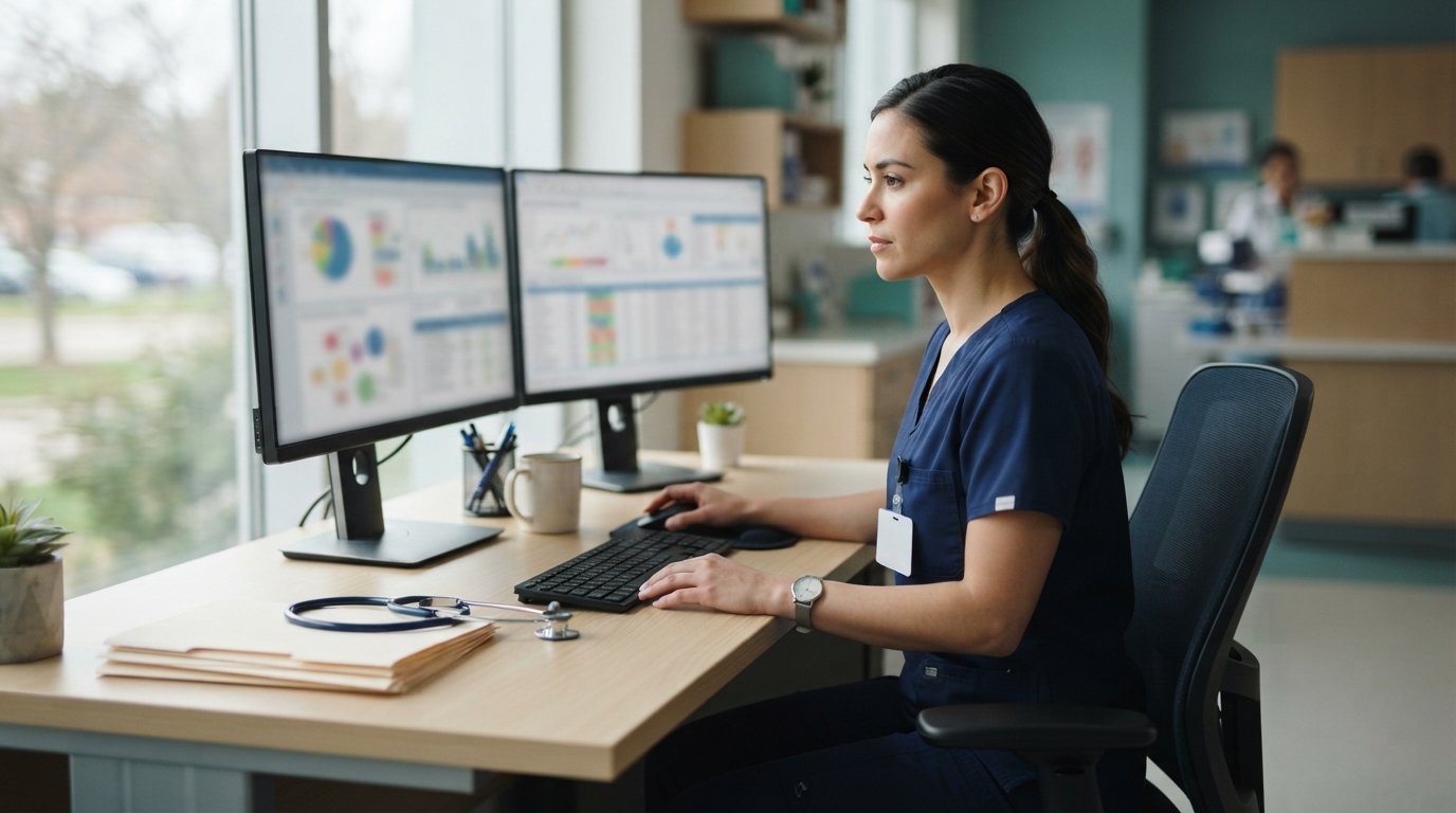 Health information technician in navy scrubs reviewing digital charts on a dual-monitor setup at a hospital desk