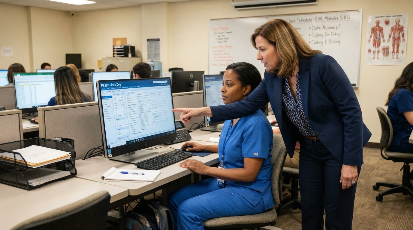 Student in scrubs and instructor reviewing digital patient records on a desktop monitor in a community college computer lab