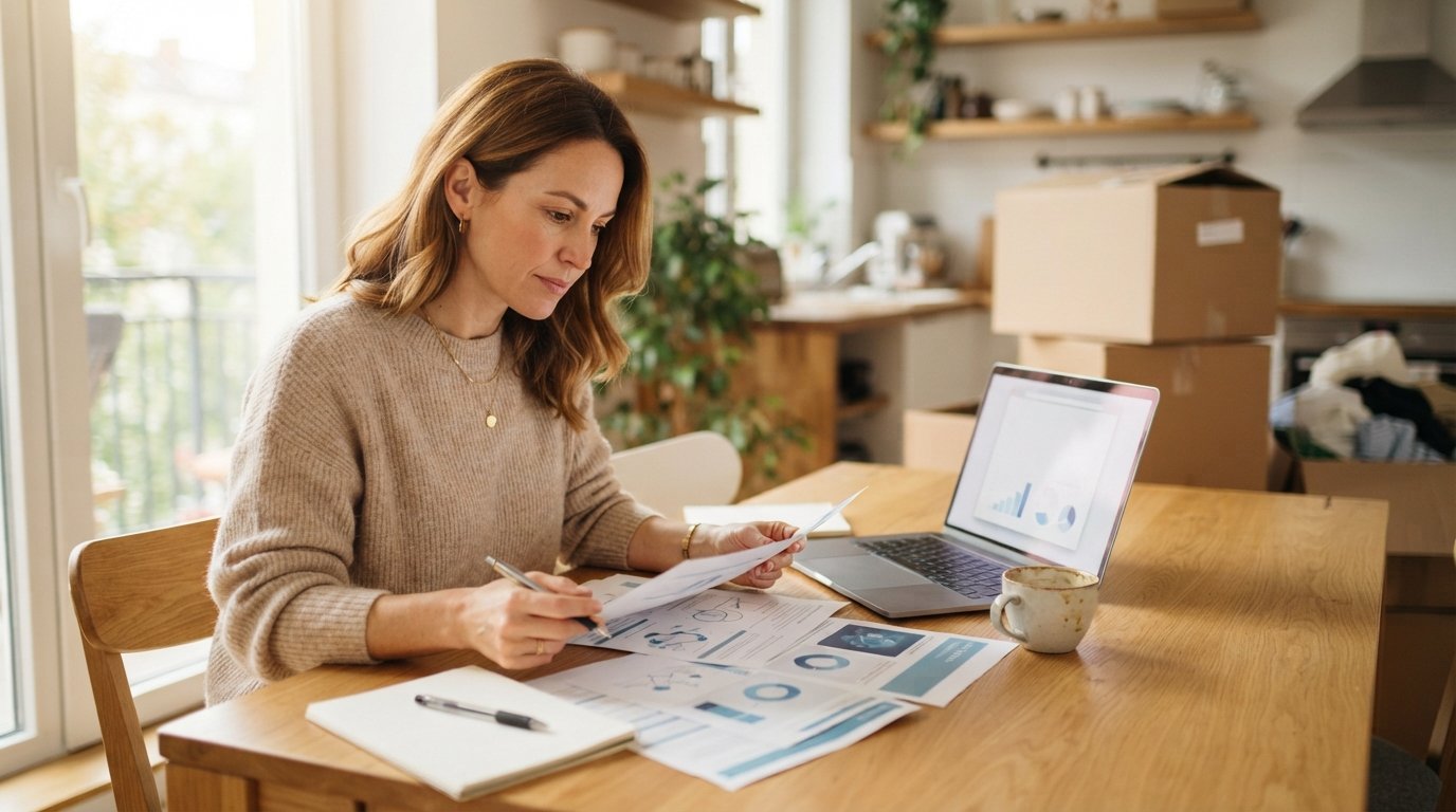 Woman in beige sweater reviewing health insurance paperwork and plan brochures at a sunlit kitchen table beside a laptop,…