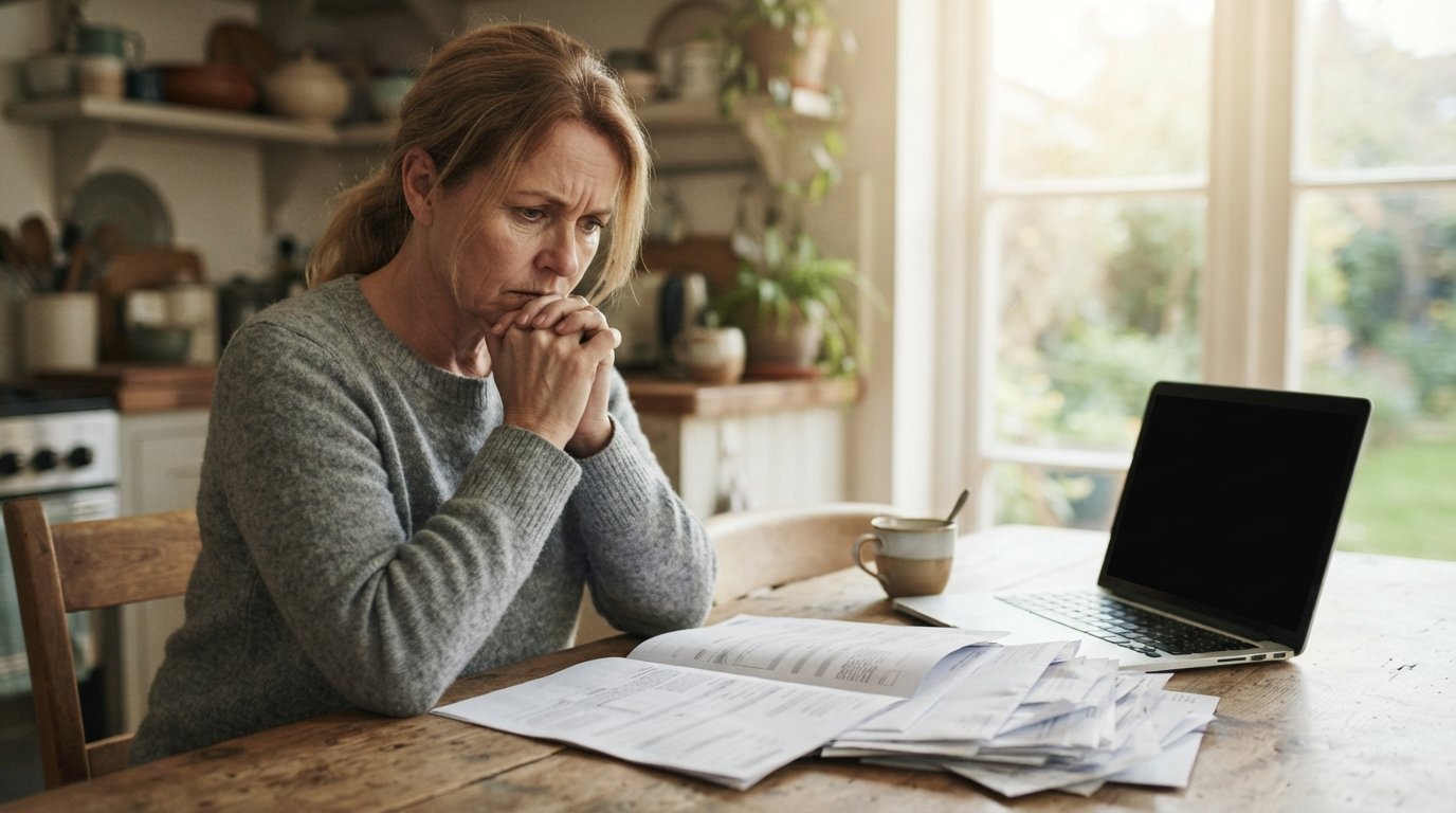 Worried middle-aged woman in a gray sweater sits at a wooden table looking down at an open letter beside medical bills, a…