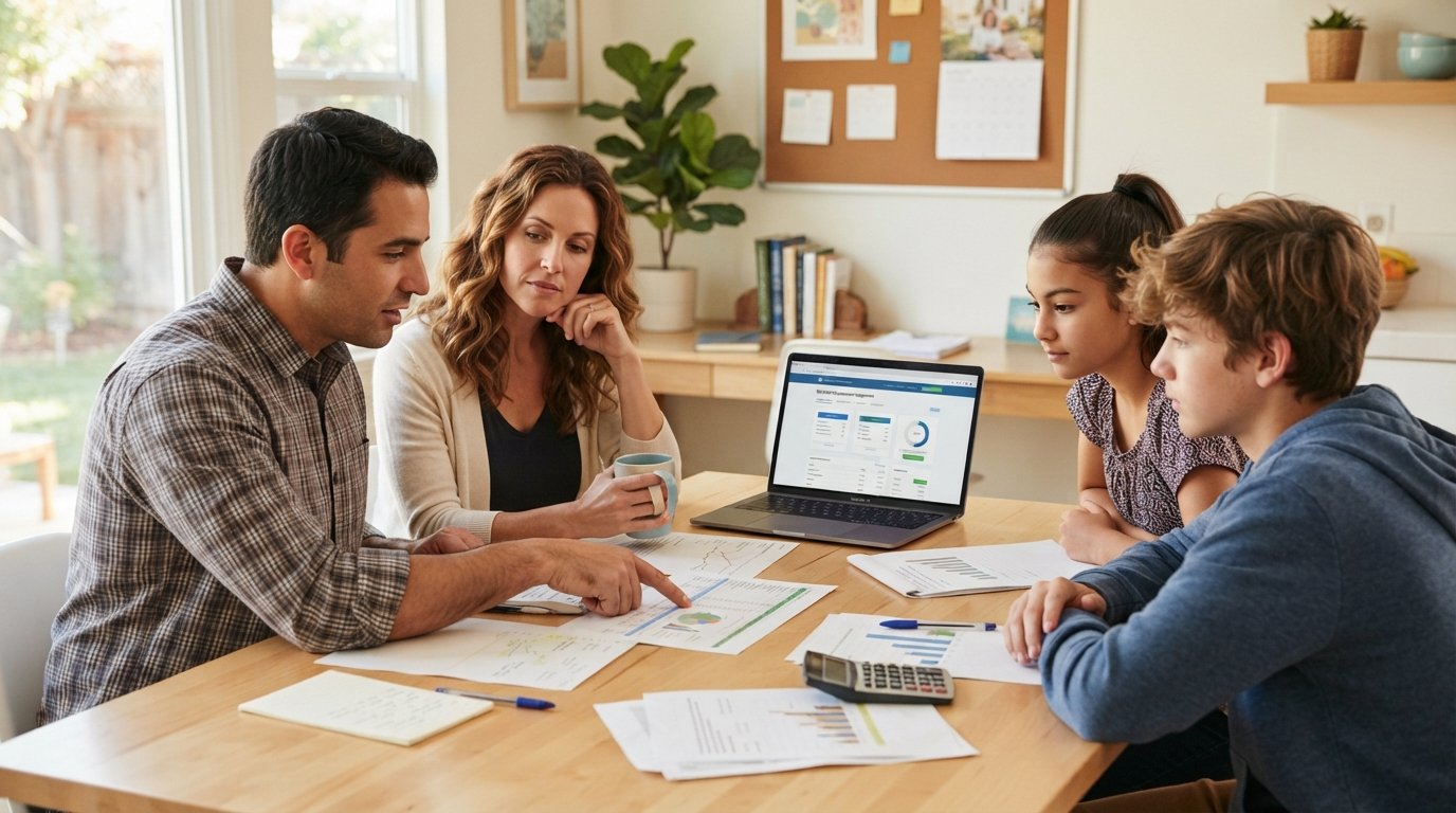 Two parents and two teenagers sit at a kitchen table reviewing health insurance documents and a laptop screen showing plan…
