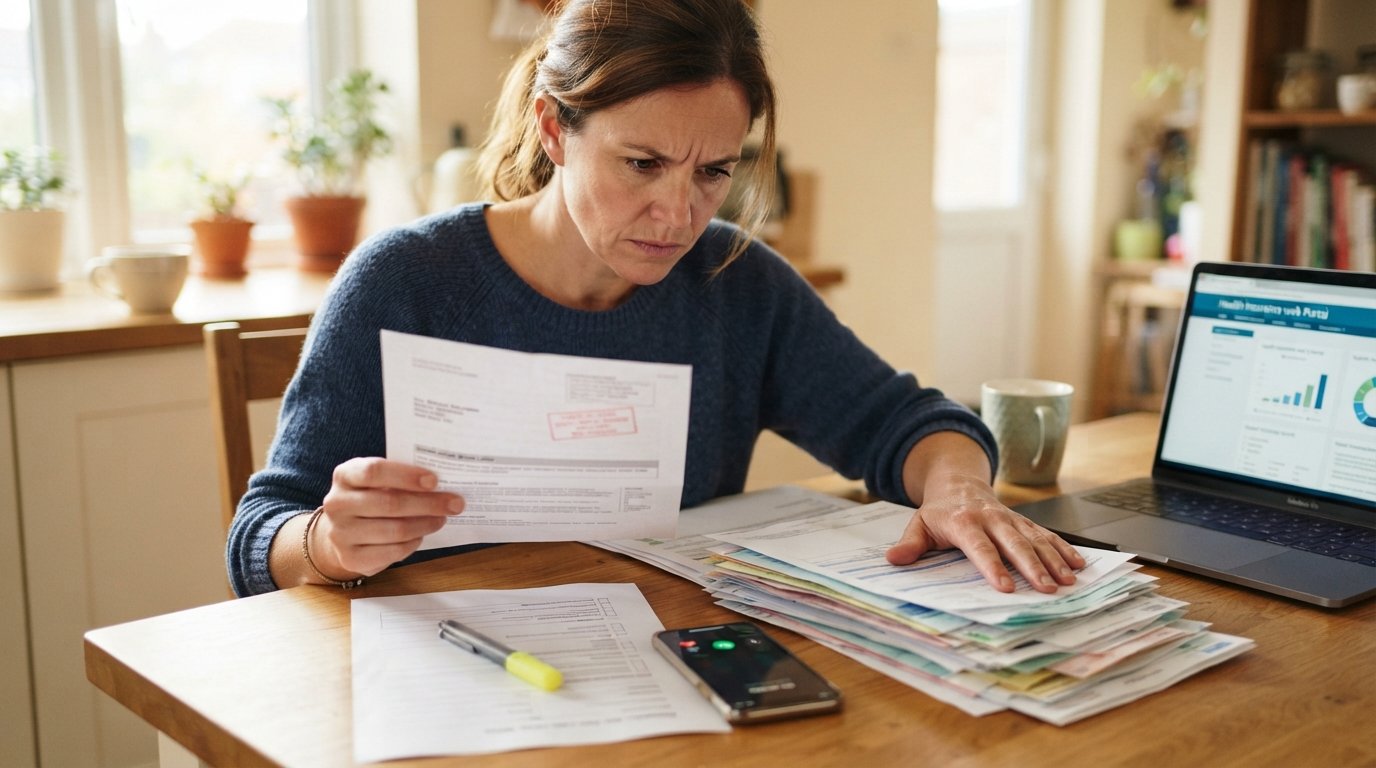Woman at a kitchen table holding a denial letter with a red stamp, surrounded by medical bills, insurance documents, and a…