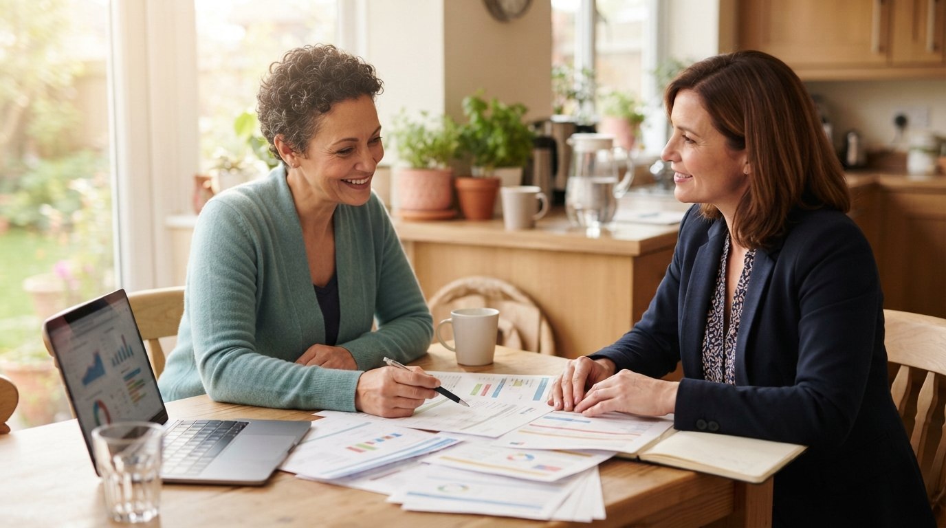 Cancer survivor with short hair and an insurance advisor reviewing plan documents at a sunlit kitchen table