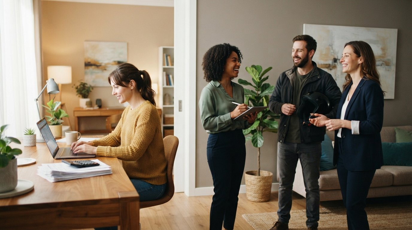 Freelancer at a sunlit desk with laptop and financial papers, while three diverse self-employed adults converse in the…