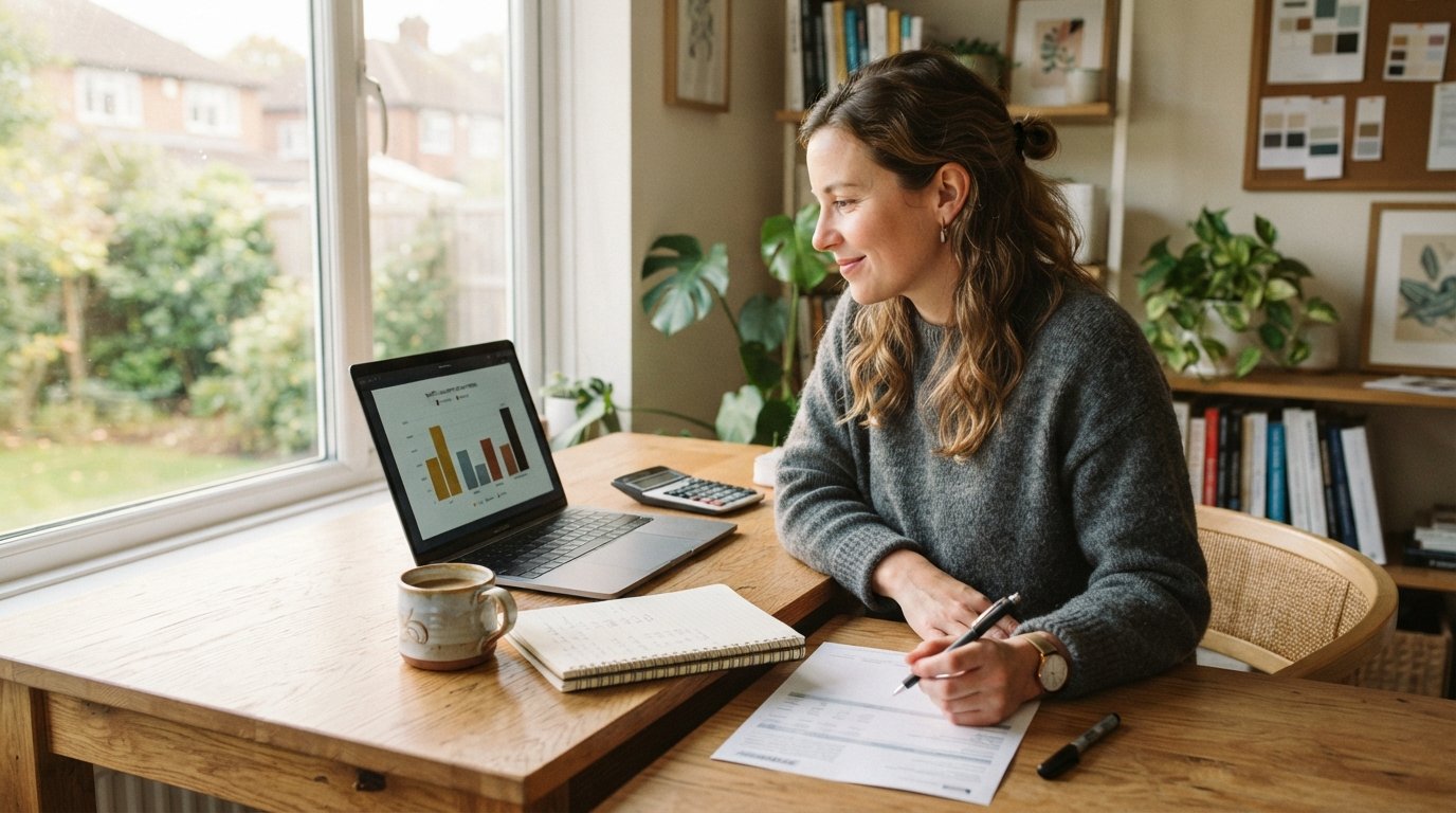 Freelance graphic designer at a sunlit home desk comparing health insurance plans on a laptop beside a calculator,…