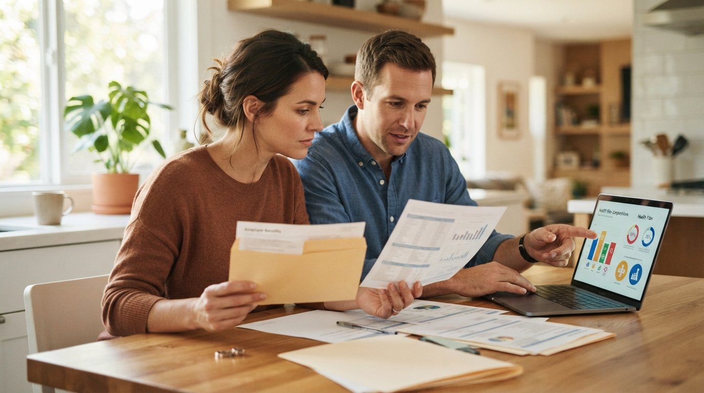 Married couple in their 30s comparing health insurance paperwork at a kitchen table, one holding an employer benefits…