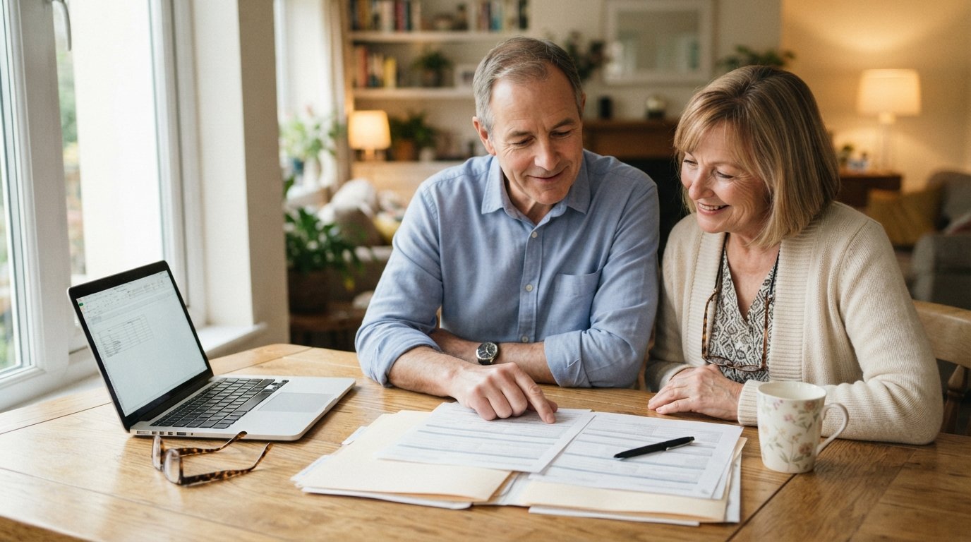 Married couple in their early 60s sitting at a sunlit kitchen table reviewing health insurance paperwork with a laptop and…