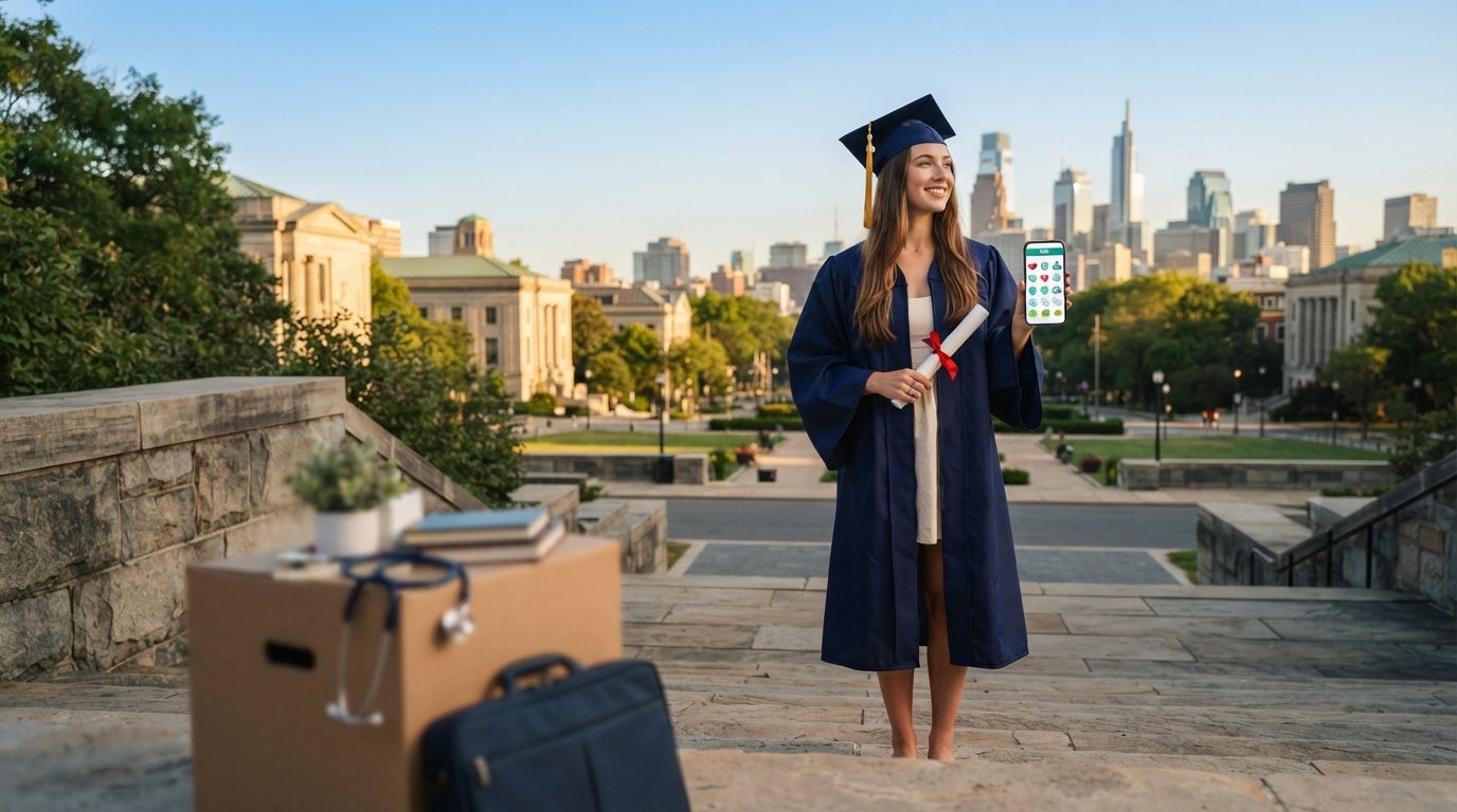 Recent graduate in cap and gown holds diploma and smartphone showing health insurance plan comparison, with city skyline…