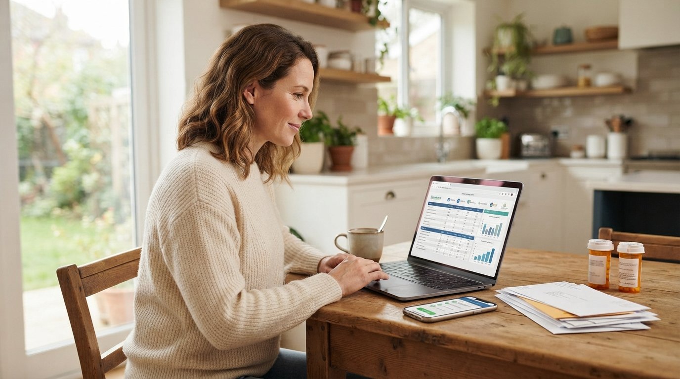 Woman in knit sweater reviewing health insurance options on a laptop at a kitchen table with coffee and phone nearby