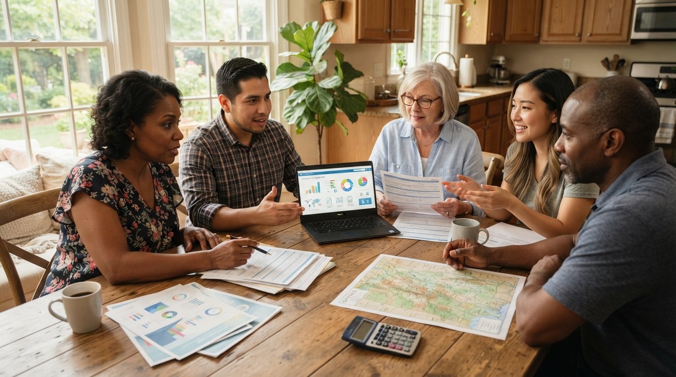 Four adults at a sunlit kitchen table reviewing health insurance papers and a laptop, with a Georgia map and calculator…