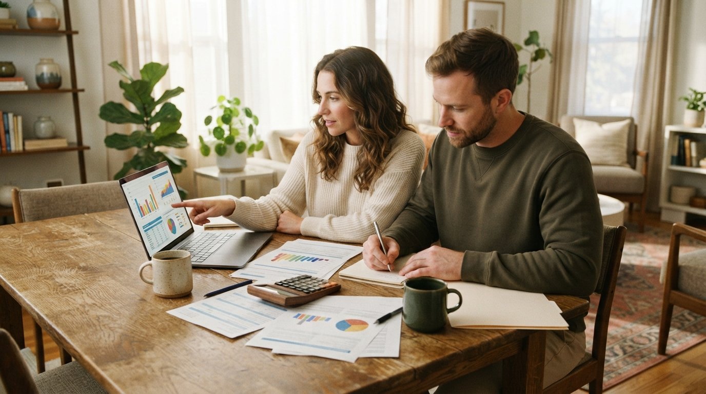Couple in their early 30s at a kitchen table reviewing insurance paperwork and laptop charts, woman pointing at the screen…