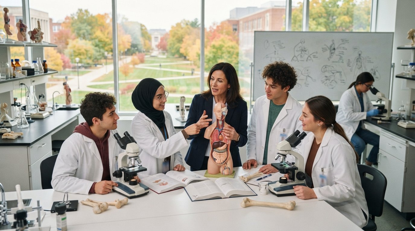 College students in lab coats and casual clothing examine anatomical models and microscopes at white lab benches while a…