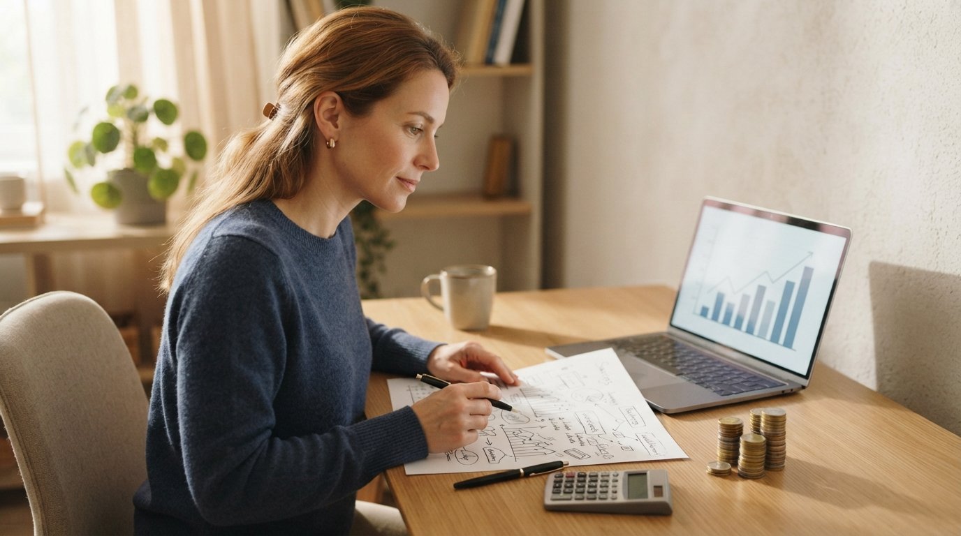 Freelance professional at a light oak desk reviewing a financial worksheet beside a laptop showing a bar graph, with a…