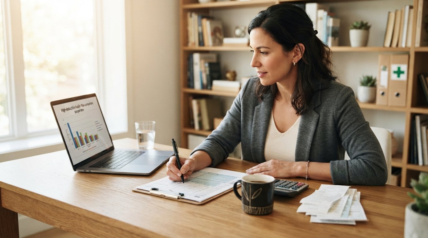 Financial planner at a desk with a laptop showing a health plan comparison chart, holding a pen over an IRS form, with…