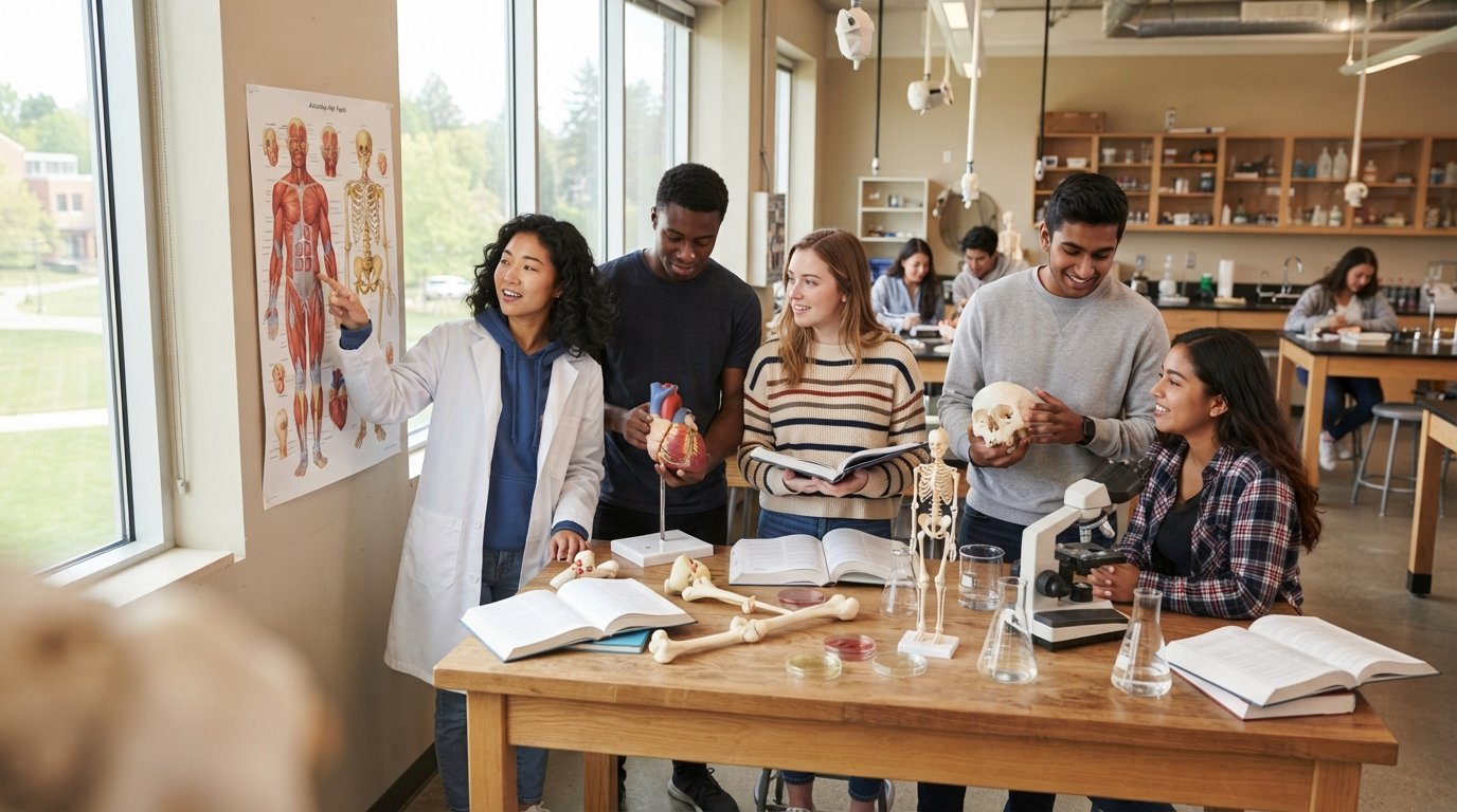 Students in a bright science lab examine anatomical models, a skeleton, textbooks, microscopes, and a body chart as one…