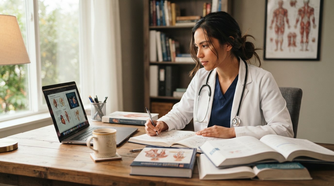 Graduate student in navy scrubs and a white lab coat studies a laptop at a home desk with textbooks, a stethoscope, and a…