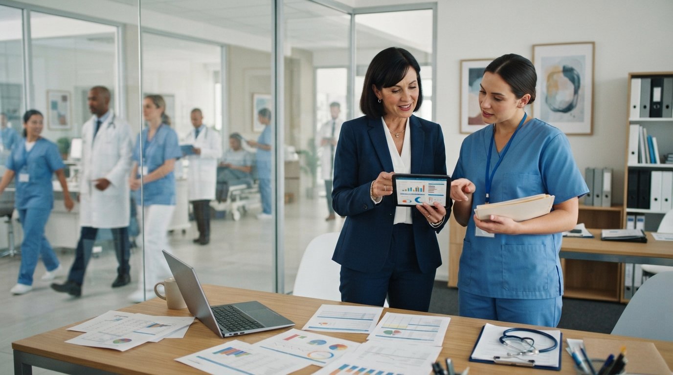 Healthcare administrator in navy suit reviews charts on a tablet beside a colleague in scrubs in a bright hospital office