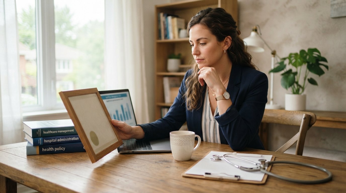 Woman at a desk comparing a framed certificate with a stack of healthcare management textbooks beside a laptop,…