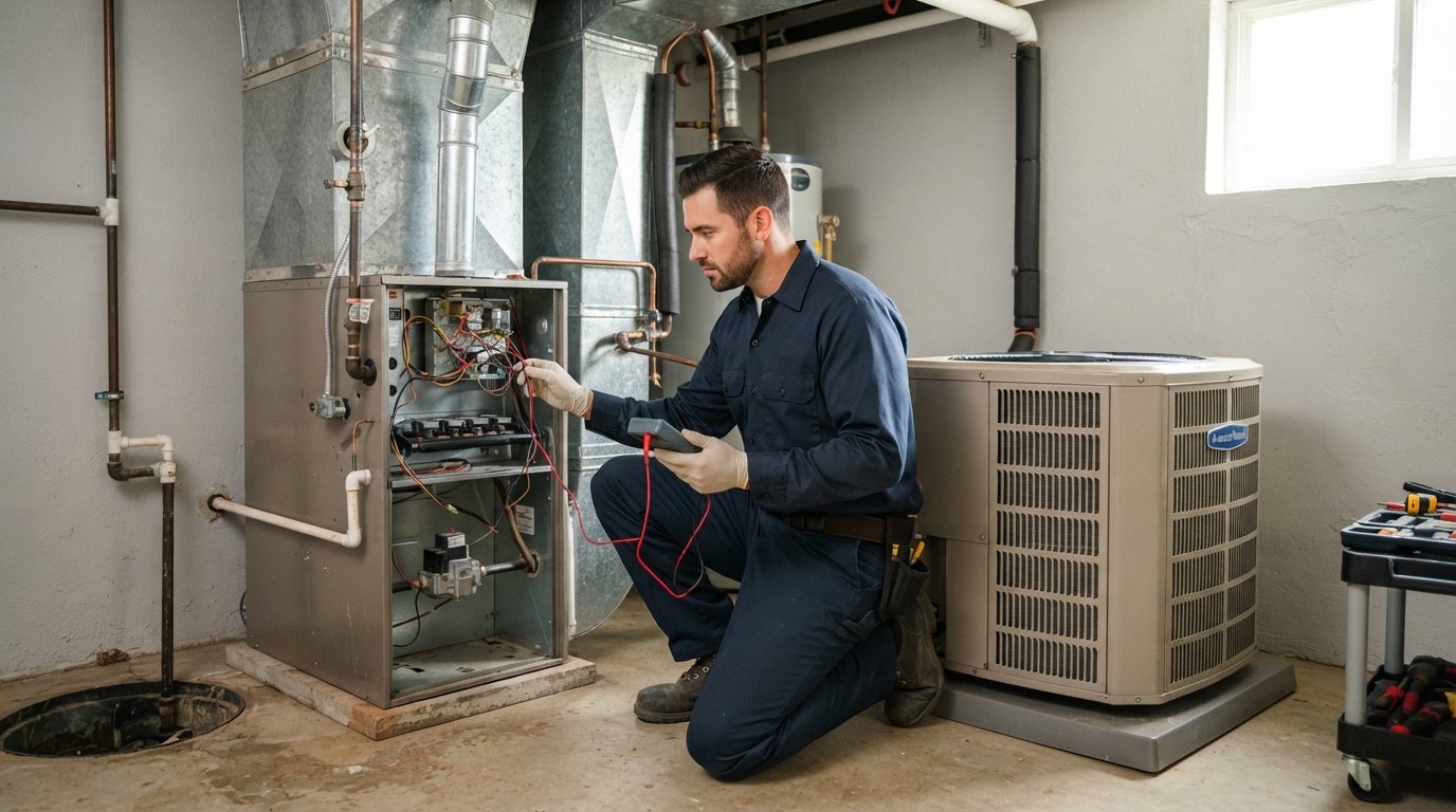 HVAC technician in navy uniform kneeling between a heat pump condenser and gas furnace, holding a digital multimeter