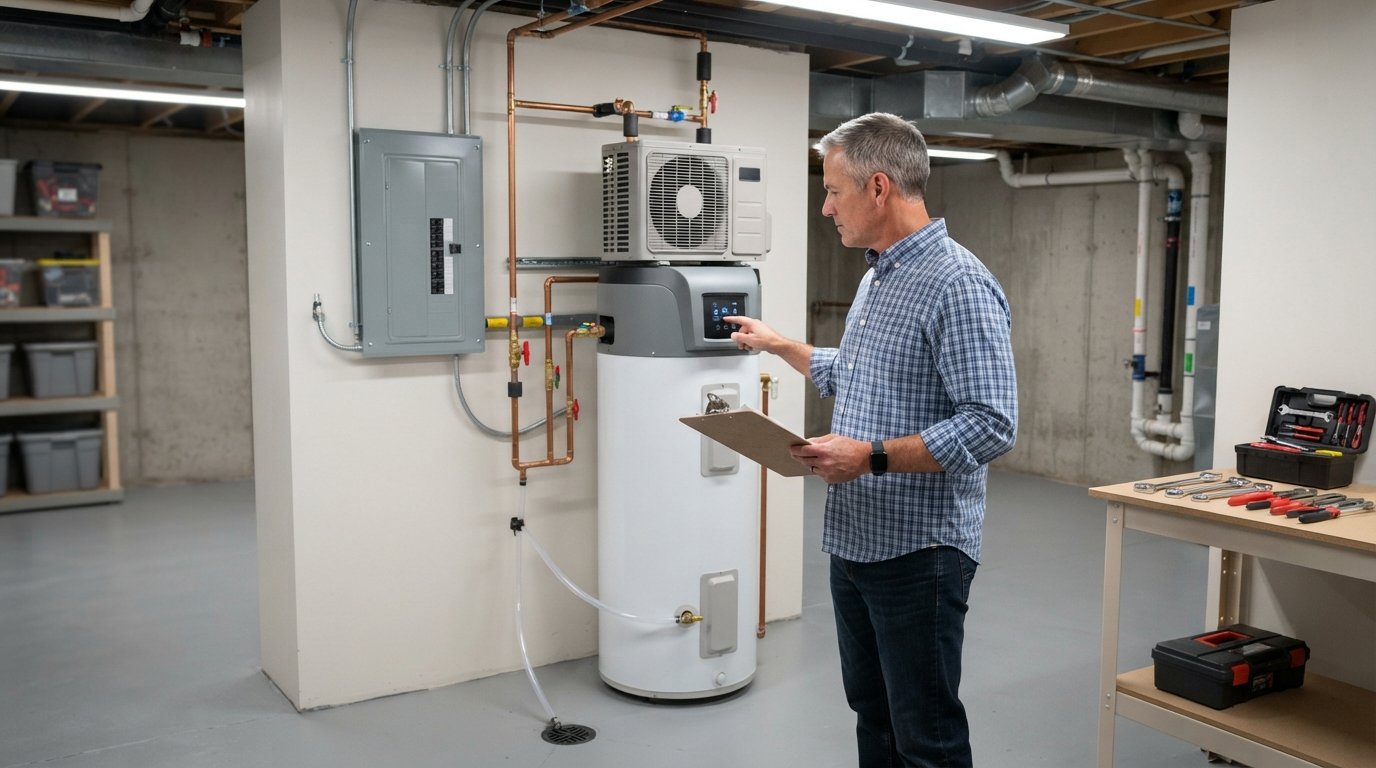 Homeowner in a button-down shirt holding a clipboard while checking the control panel of a newly installed heat pump water…