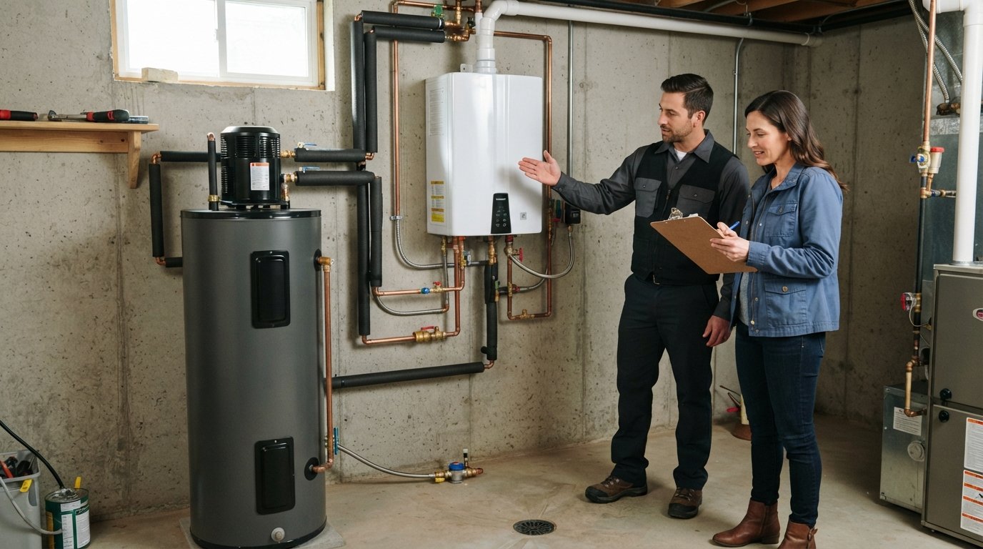 Homeowner with clipboard and contractor standing between a heat pump water heater and a wall-mounted tankless unit in a…