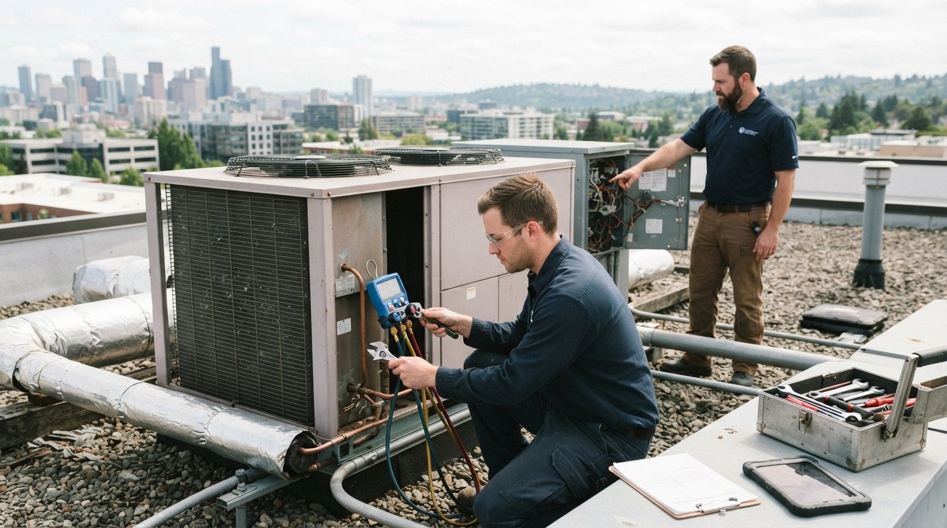 Student in navy work shirt and safety glasses kneels beside a rooftop HVAC unit using a digital manifold gauge on copper…