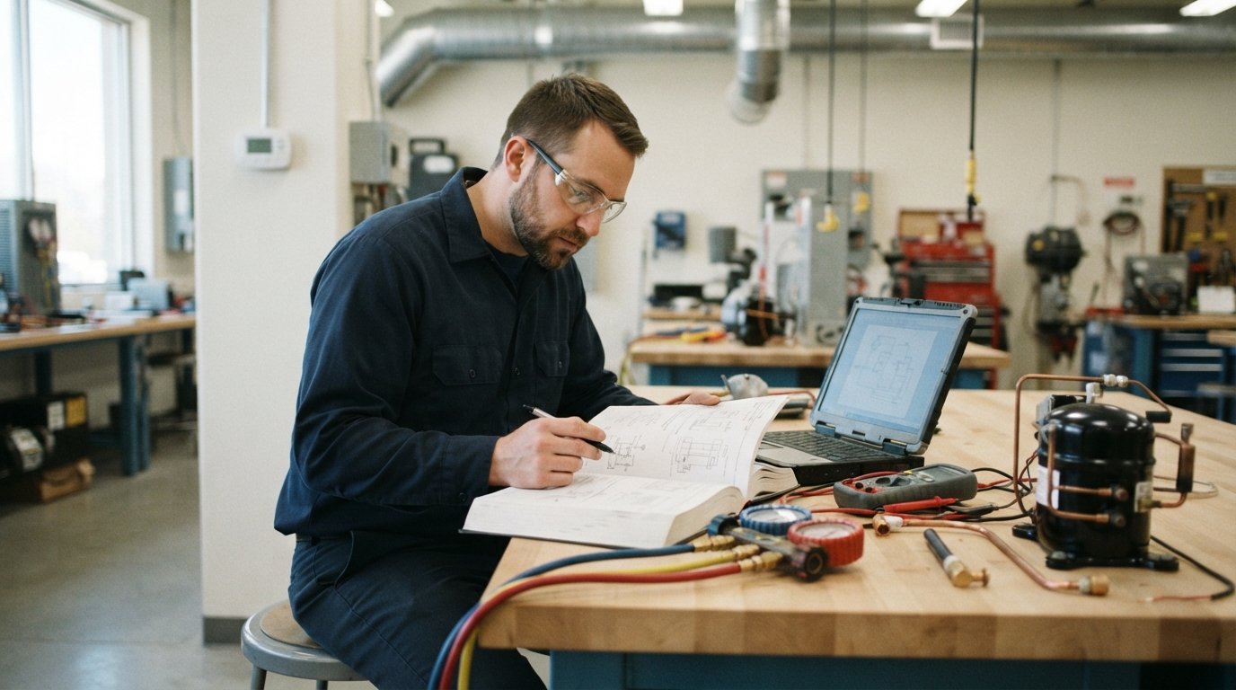 Student in navy work shirt and safety glasses studying an HVAC/R manual beside a laptop, with copper tubing, manifold…