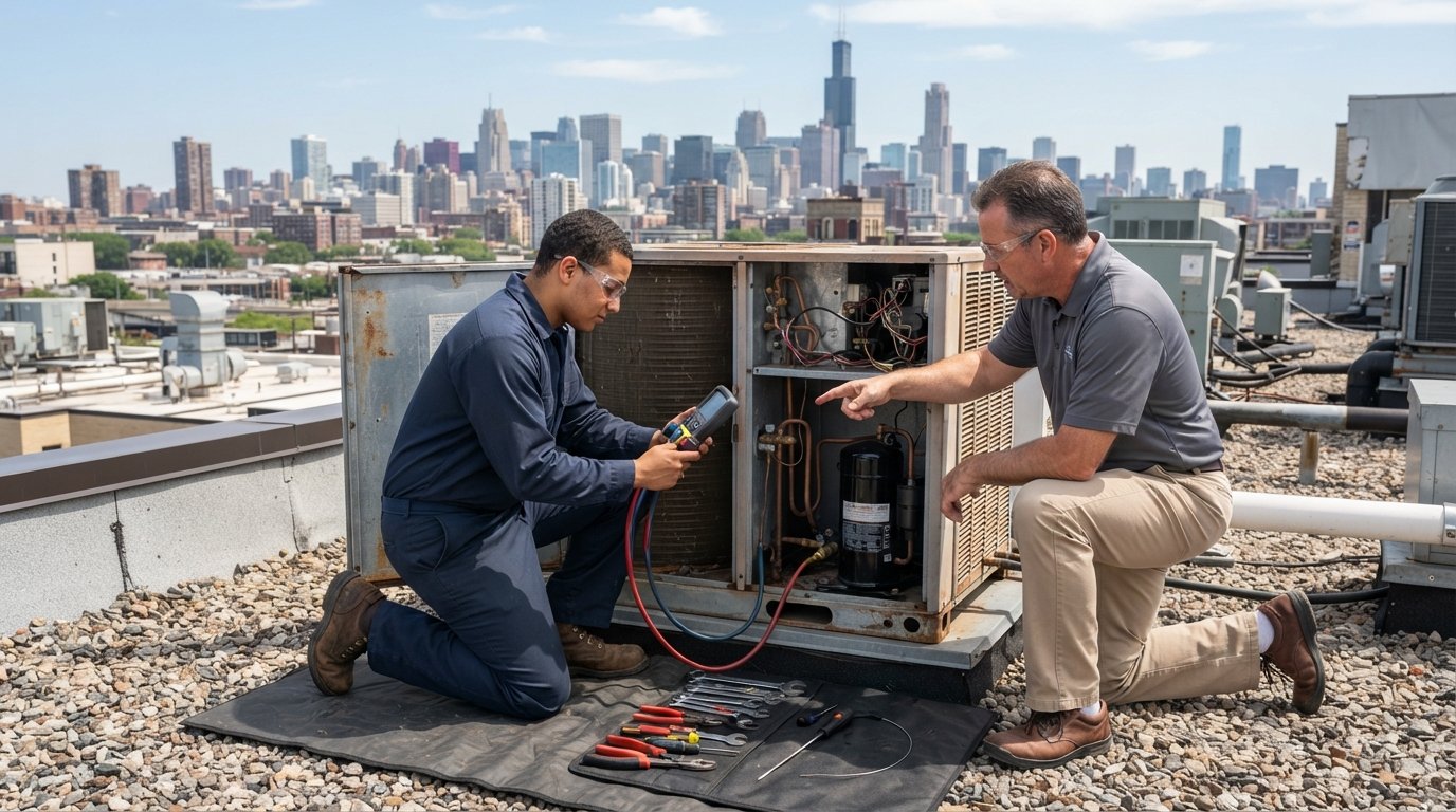 Student in navy uniform and safety glasses kneels beside a rooftop commercial HVAC unit using a digital manifold gauge…