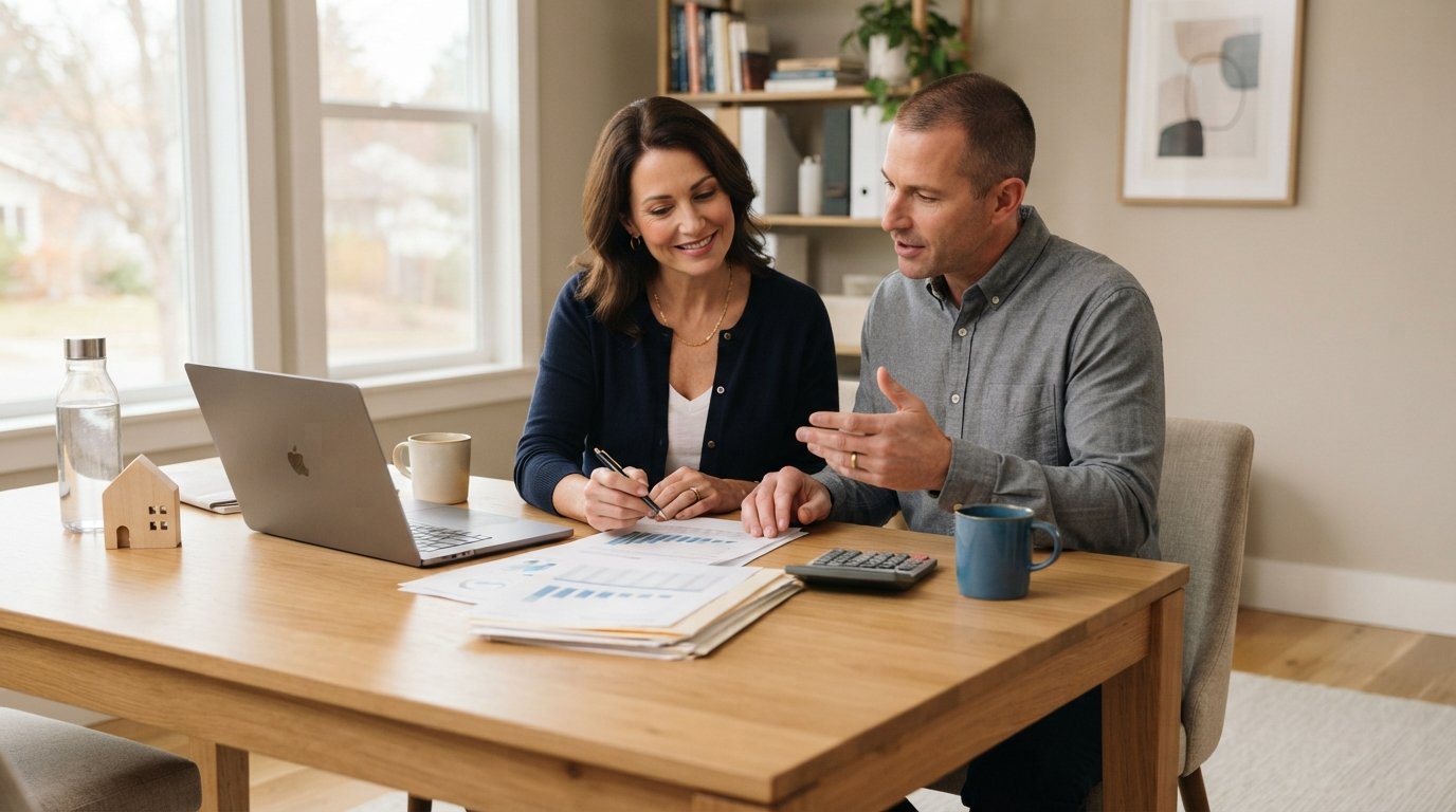 Middle-aged couple at a dining table reviewing financial documents beside a laptop, calculator, coffee mugs, and a small…