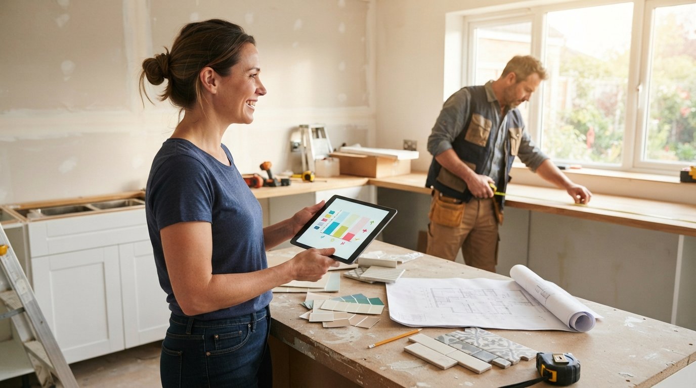 Homeowner in casual clothes holds a tablet displaying a comparison chart while a contractor measures a countertop in a…
