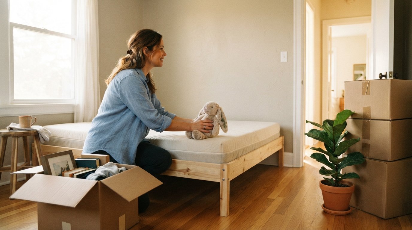Parent kneels beside a moving box, placing a stuffed animal on a bare mattress in a sunlit, half-unpacked bedroom