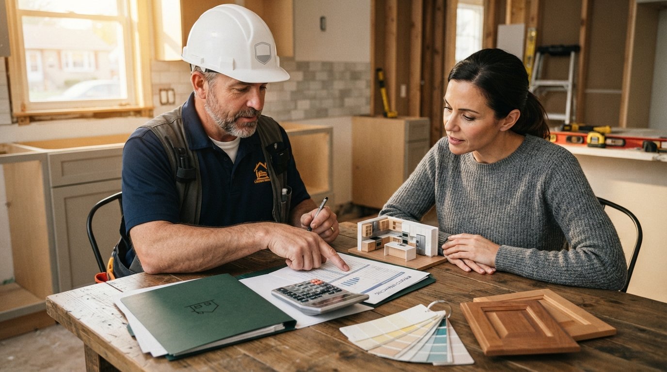 Contractor in hard hat and work polo points at a financing document and calculator while a homeowner looks on at a kitchen…