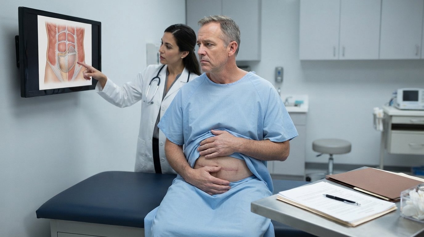 Middle-aged man in a hospital gown sits on an exam table as a female doctor points to an abdominal mesh diagram on a screen