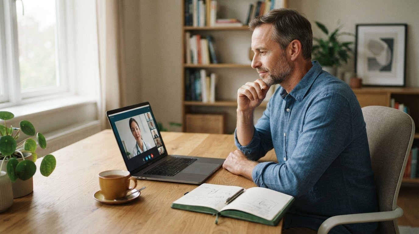 Middle-aged man in a button-down shirt sitting at a wooden desk with a laptop showing a video call, a cup of tea, and a…