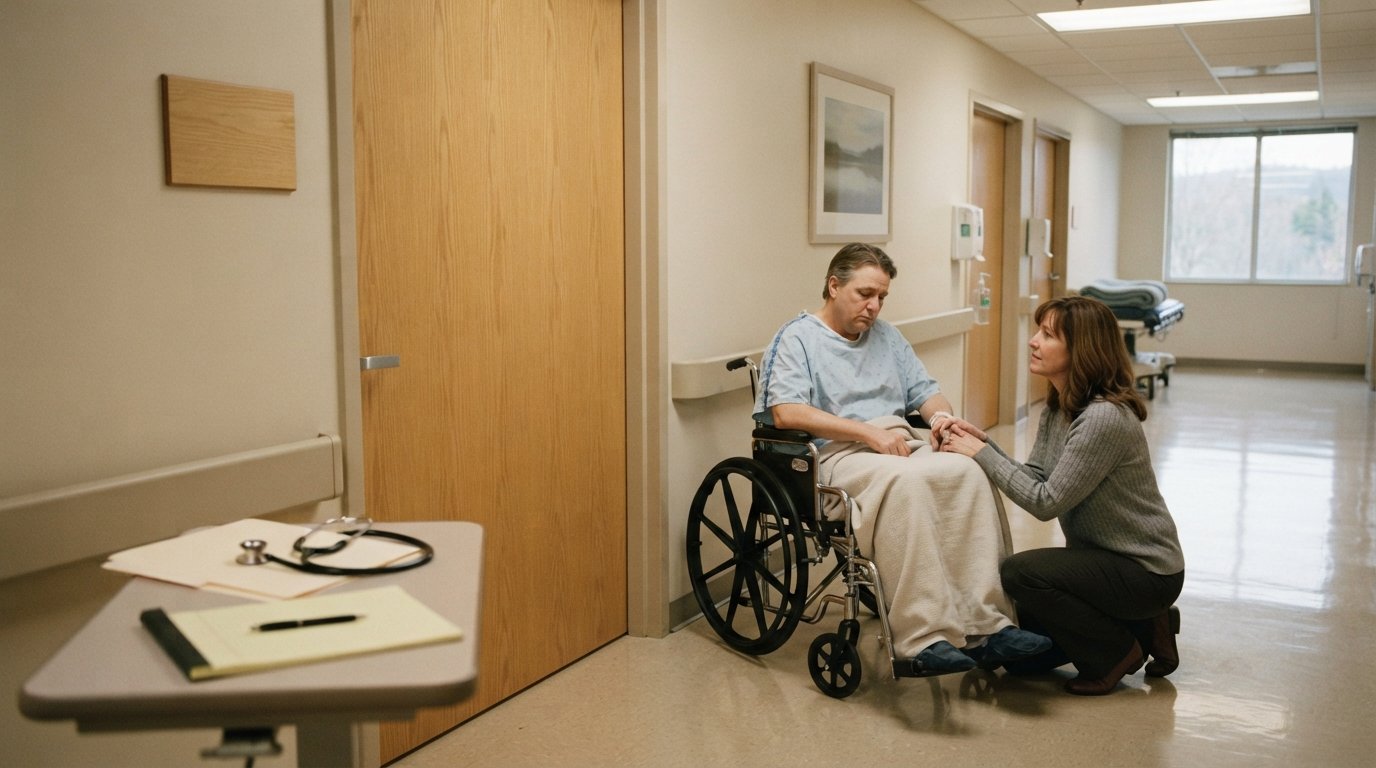 Patient in a blue hospital gown seated in a wheelchair beside a family member in a gray sweater holding their hand in a…