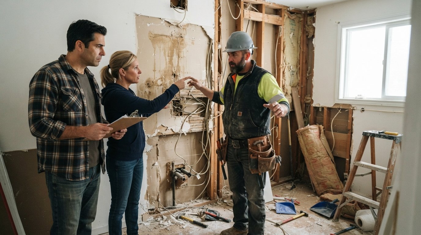 Couple in a gutted bathroom examining water-damaged drywall and old wiring while a contractor gestures at the exposed wall