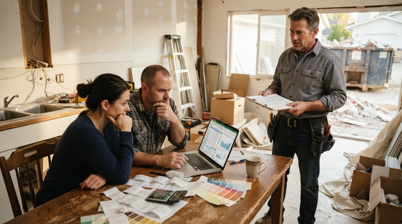 Couple at a kitchen table with a laptop, receipts, calculator, and paint swatches while a contractor with a clipboard…