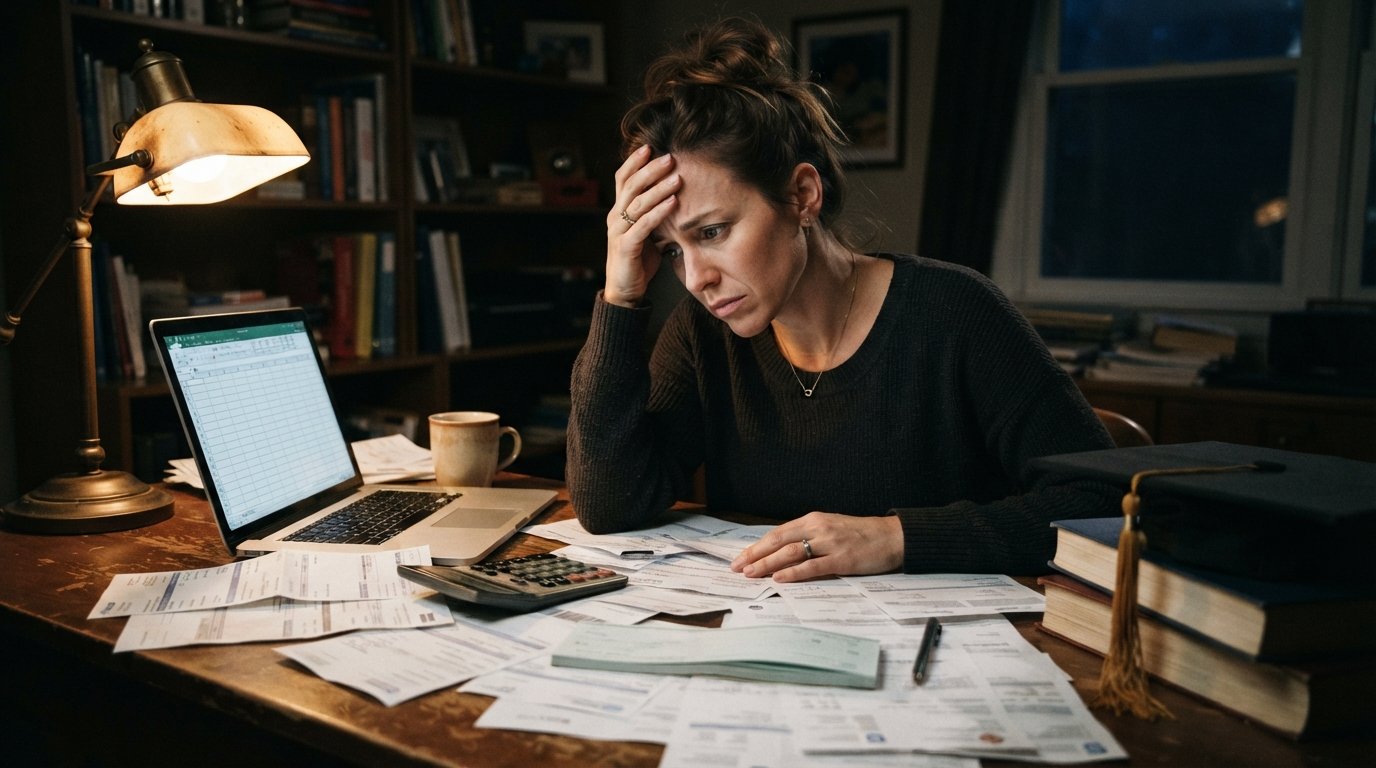 Woman at a wooden desk at night pressing a hand to her forehead beside a laptop, calculator, paper bills, coffee mug,…