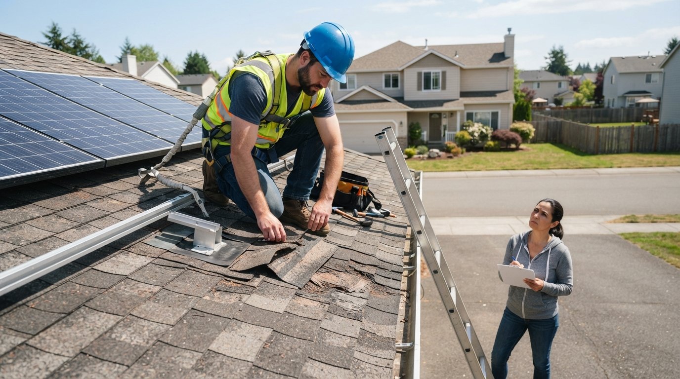 Solar installer in hard hat and harness kneels on worn asphalt shingle roof near mounting brackets while a homeowner with a…