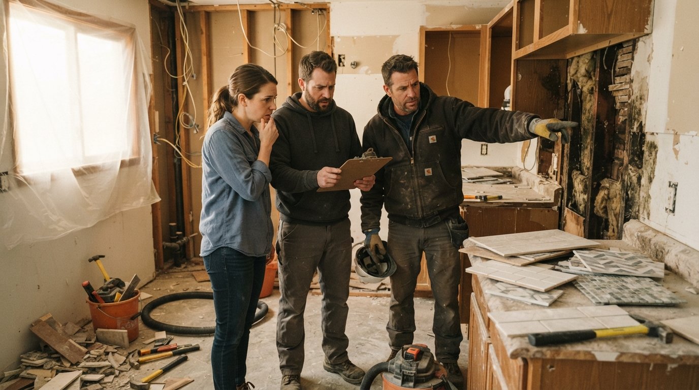 Couple in work clothes review a clipboard in a gutted kitchen as a contractor points to water damage behind opened drywall