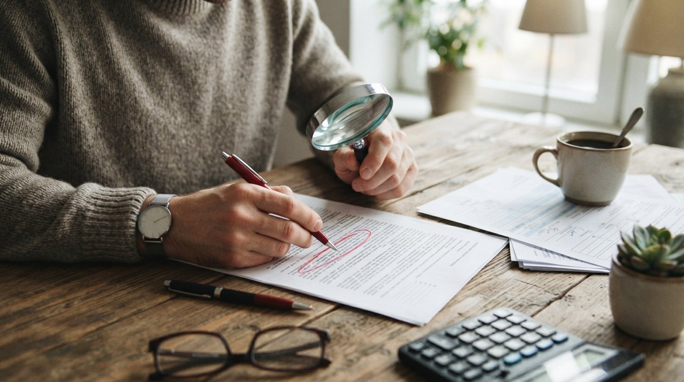 Hands in a gray sweater reviewing a loan contract at a wooden desk, with a magnifying glass over fine print, a red-circled…