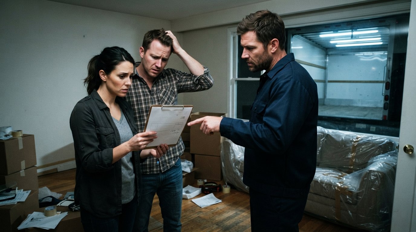 Couple in a half-empty living room reviewing a paper invoice while a mover points to an added fee on a clipboard