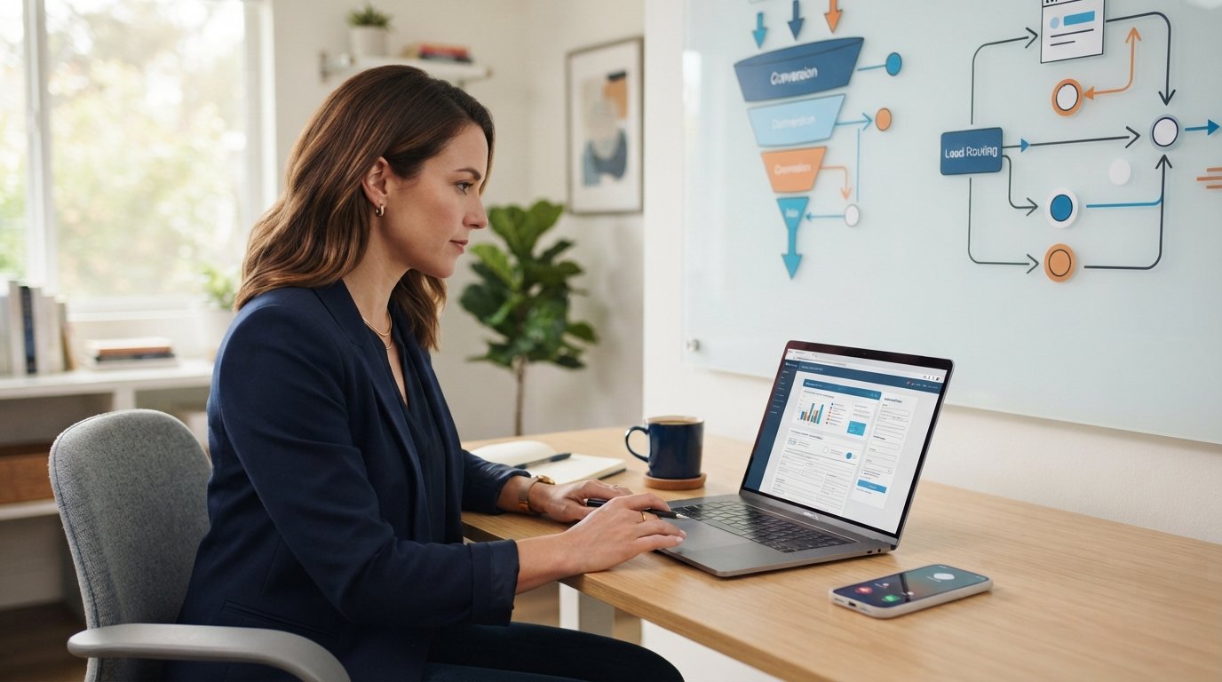 Woman in a navy blazer at a light wood desk reviewing an insurance quote form on a laptop, with a funnel chart on a glass…