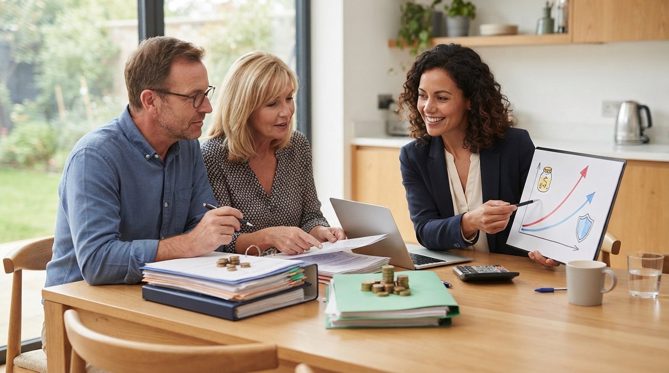 Couple at a kitchen table reviewing paperwork and a calculator with an insurance broker pointing to a chart of two…