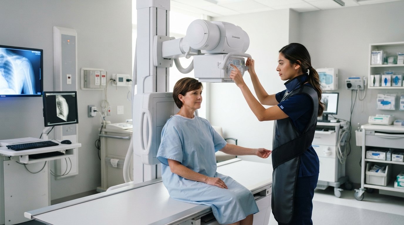 Radiologic technologist in navy scrubs and lead apron adjusting an X-ray machine beside a patient in a light blue gown,…