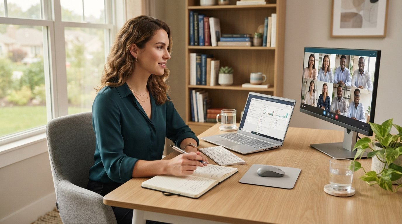 Young woman at home desk reviewing notes on laptop while second monitor shows video call with colleagues